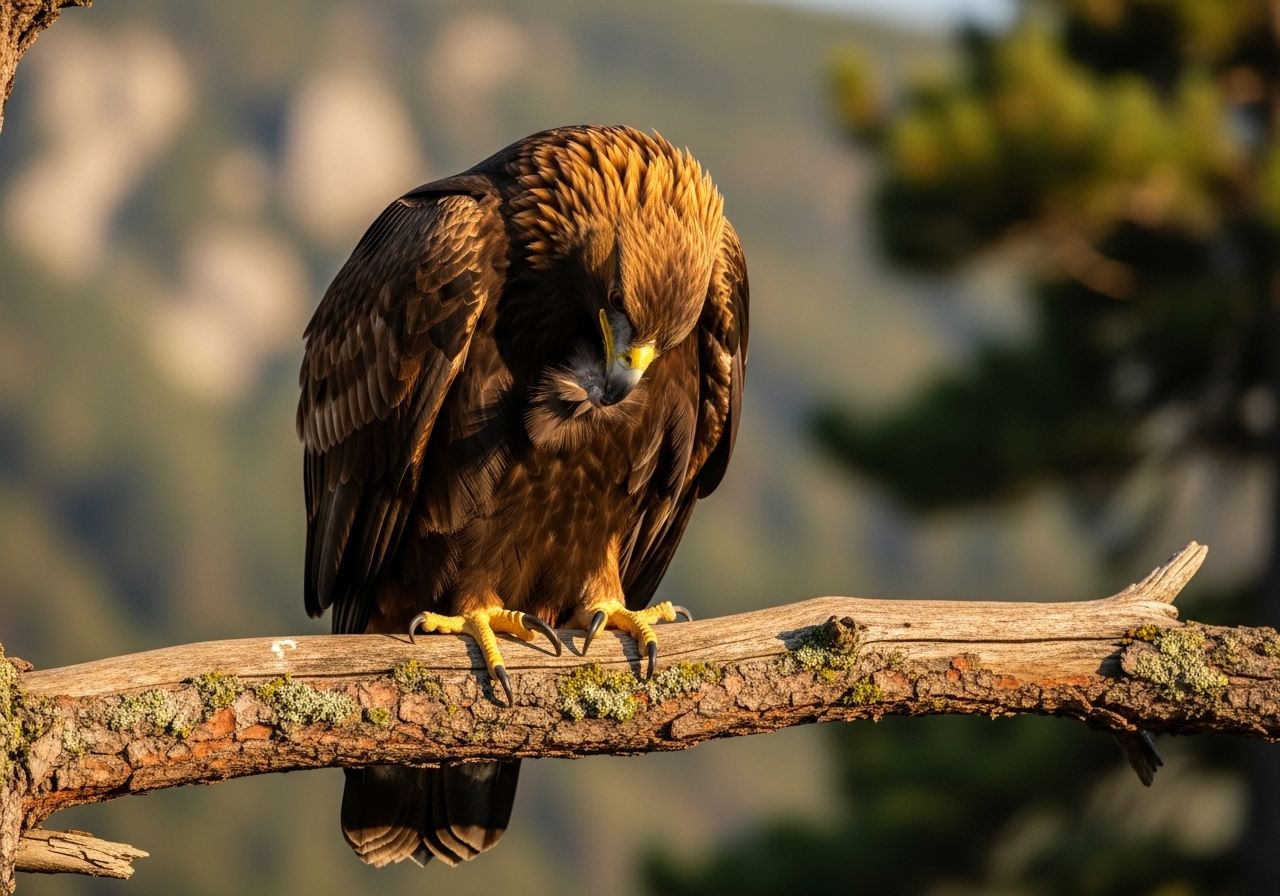 Águila real acicalándose al atardecer — comportamiento en hábitat de pino
