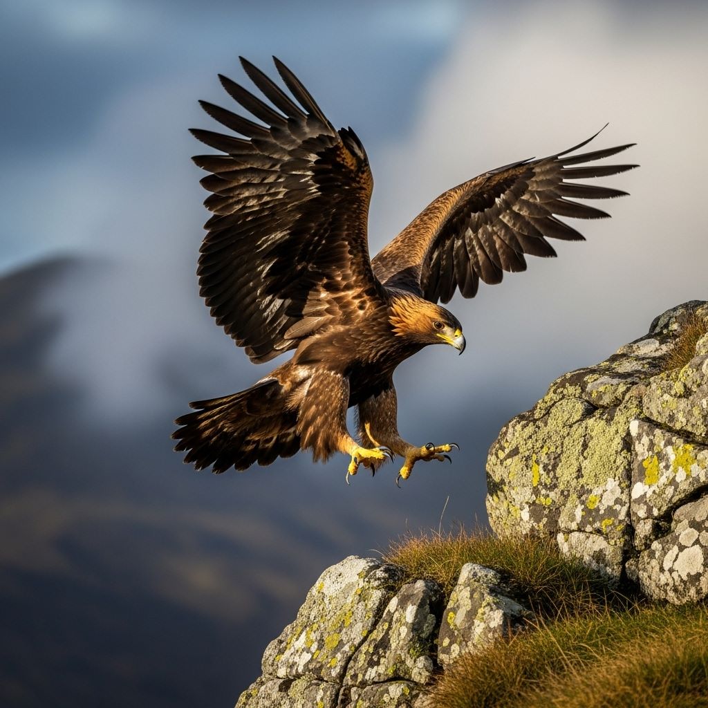Águila real aterrizando en acantilado — garras extendidas, hábitat de nidificación