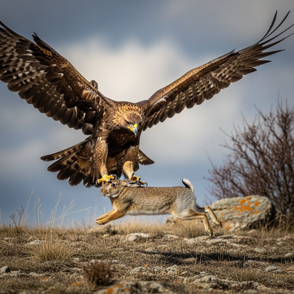 Águila real en persecución de liebre sobre pastizal árido