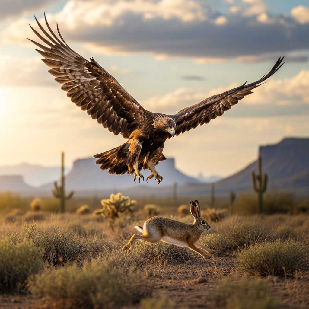 Águila real cazando liebre Lepus en desierto con cactus — técnica de vuelo contorno