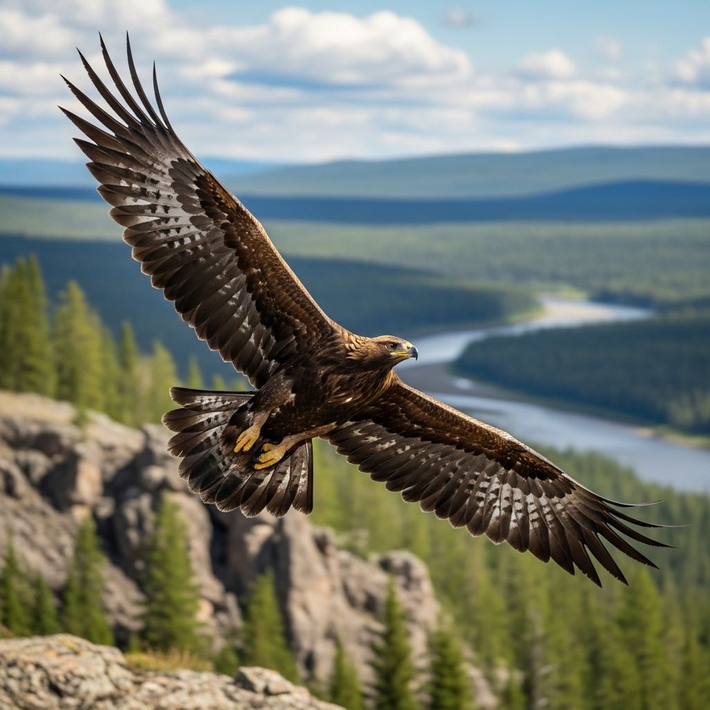 Águila real en vuelo sobre bosque boreal y río — rutas migratorias