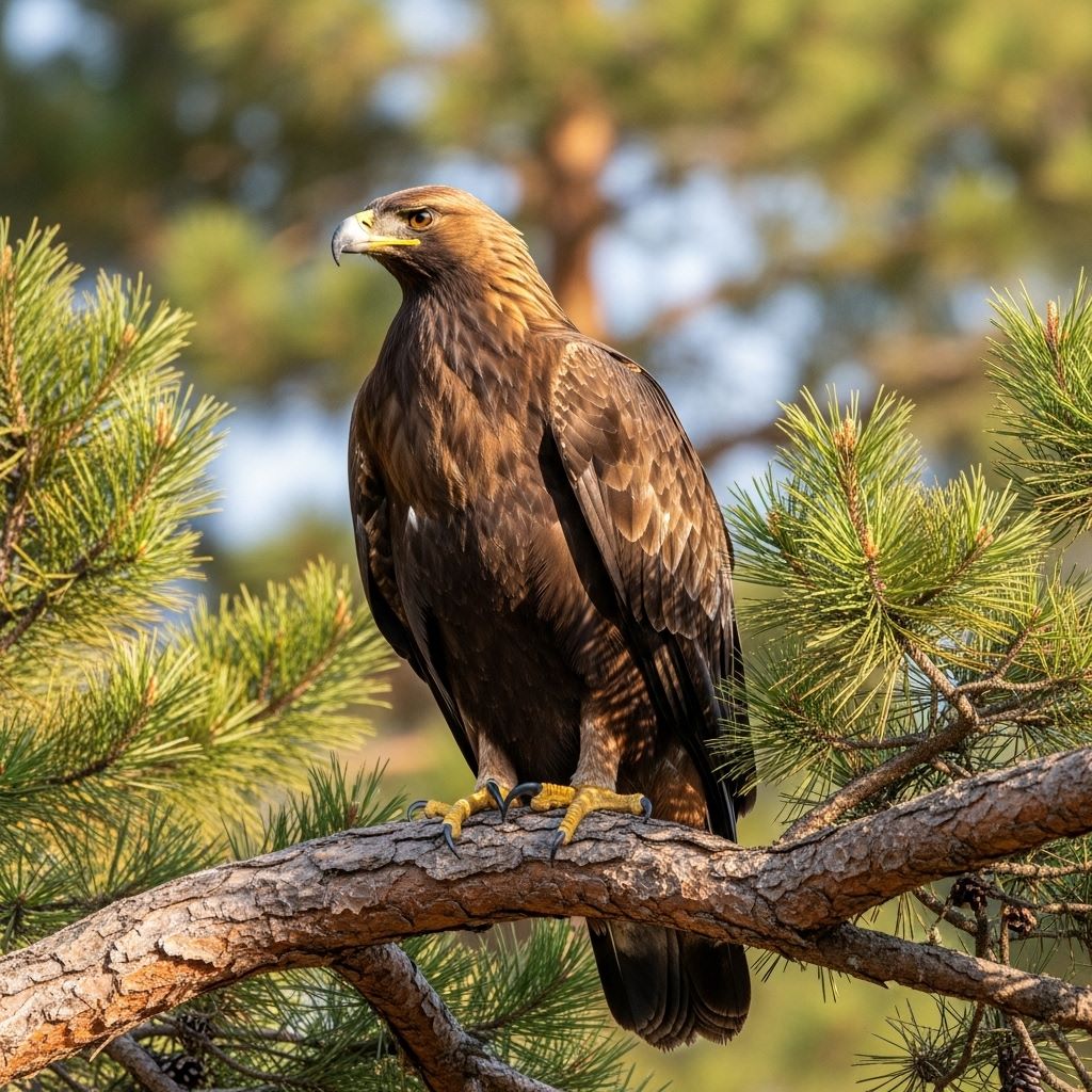 Águila real adulta perchada en pino — bosque templado