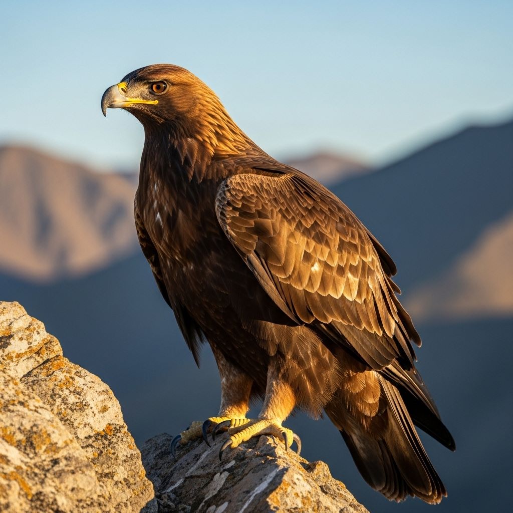 Águila real adulta perchada en acantilado con sierra al fondo